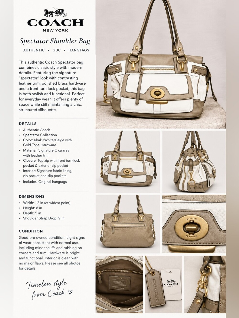 Coach Spectator Shoulder Bag White Beige Leather Gold Turnlock GUC